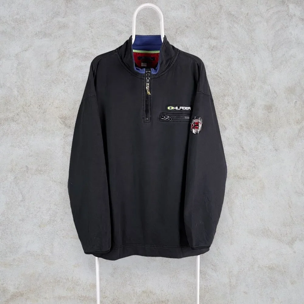 Vintage Black Tommy Hilfiger Sweatshirt 1/4 Zip Mens XL - Picture 2 of 6